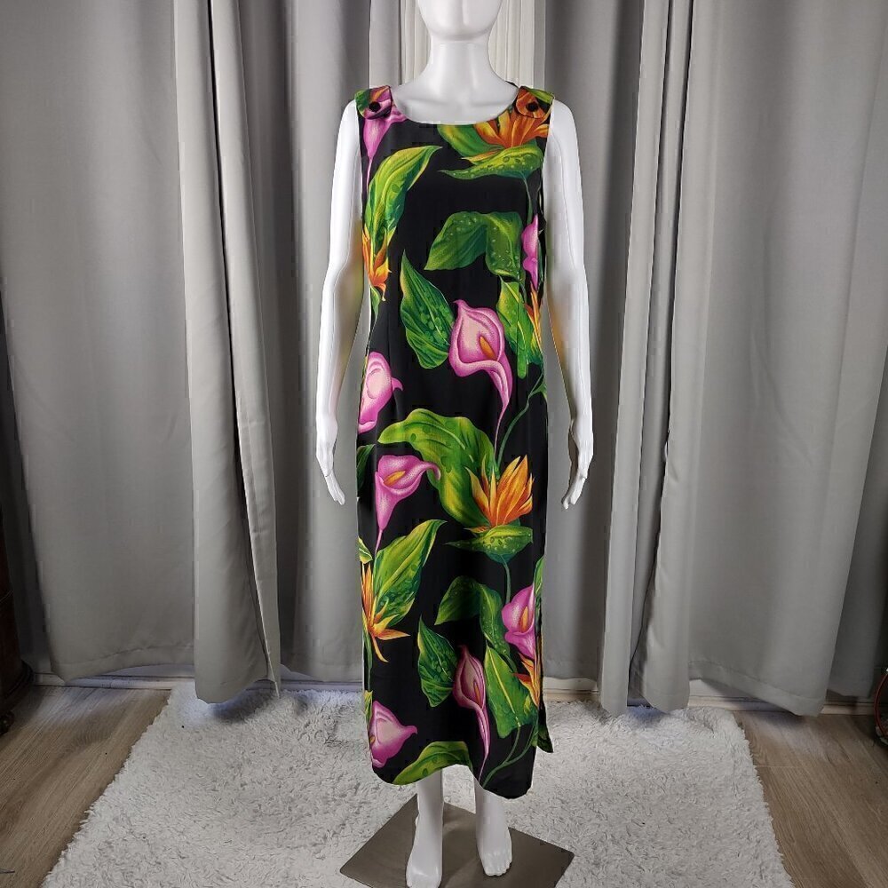 Sag Harbor Women's Black, Green Tropical Floral Sleeveless Maxi Dress Size 14P